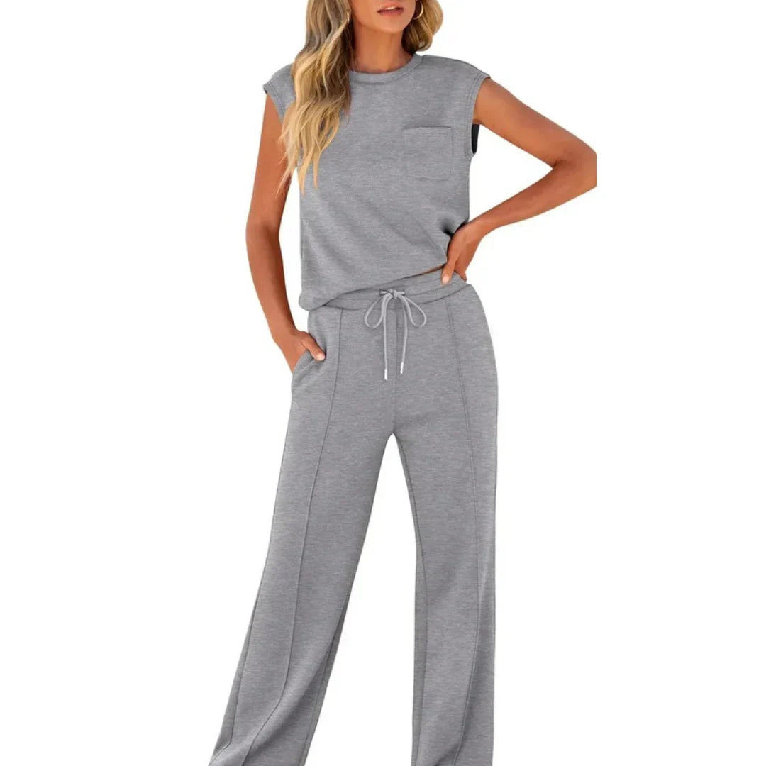Ladies Comfortable Set with Sleeveless Top and Wide Trousers