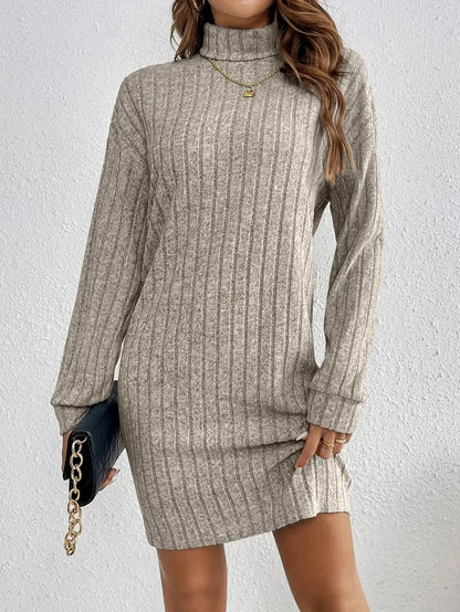 Trendy Ribbed Mini Sweater Dress for Women with Roll Neck and Long Sleeves