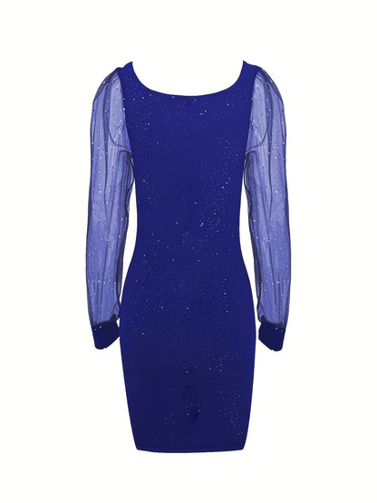 Bodycon Midi Cocktail Dress for Women with Glitter and Sheer Sleeves