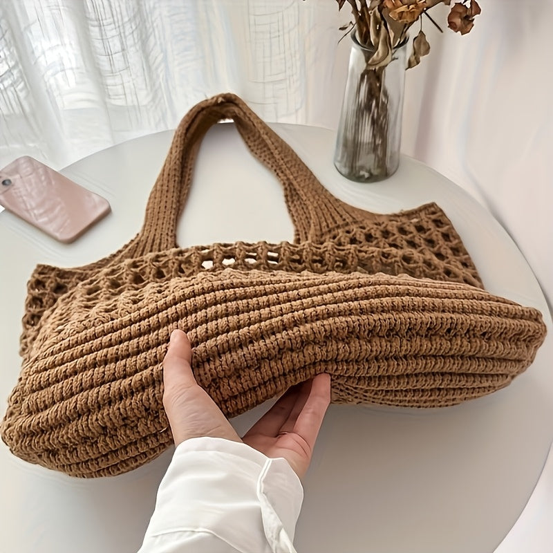 Borsa da spiaggia intrecciata a rete aperta, capiente, da donna