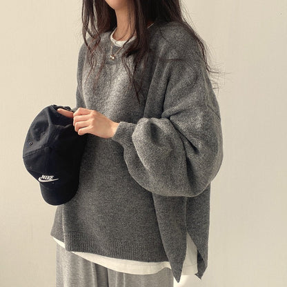Ladies' Cosy Oversized Sweater with Balloon Sleeves and Slits
