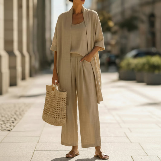 Conjunto de ropa para mujer con cárdigan, camiseta sin mangas y pantalones de pierna recta