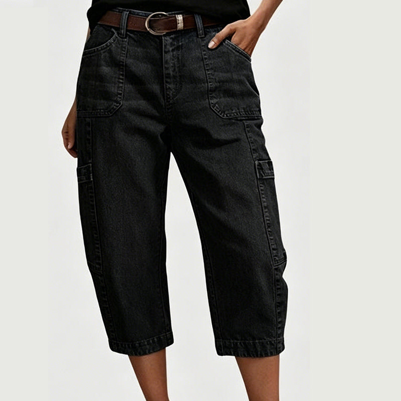 Ladies' Casual Cargo Trousers with Flap Pockets and Wide Legs
