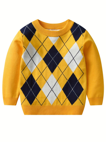 Boys' Long Sleeve Knitted Sweater with Argyle Pattern - Alvino