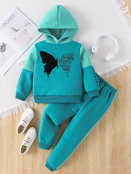2-piece girls fleece hoodie sweater with butterfly print pants - Angel