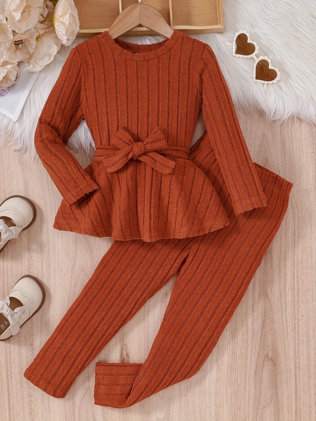 Girls' Kids 2-Piece Casual Round Neck Long Sleeve Top with Bow & Trousers - Ember