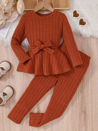 Girls' Kids 2-Piece Casual Round Neck Long Sleeve Top with Bow & Trousers - Ember