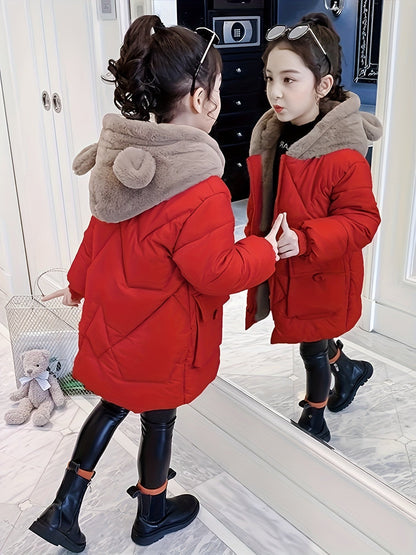 Girls' Winter Cute Polyester Parka with Hood and Zip Detail - Denice