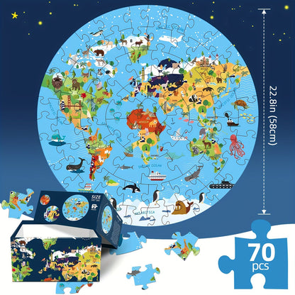 Rompecabezas de suelo de 70 piezas con animales – Diseño de mapa del mundo redondo para niños
