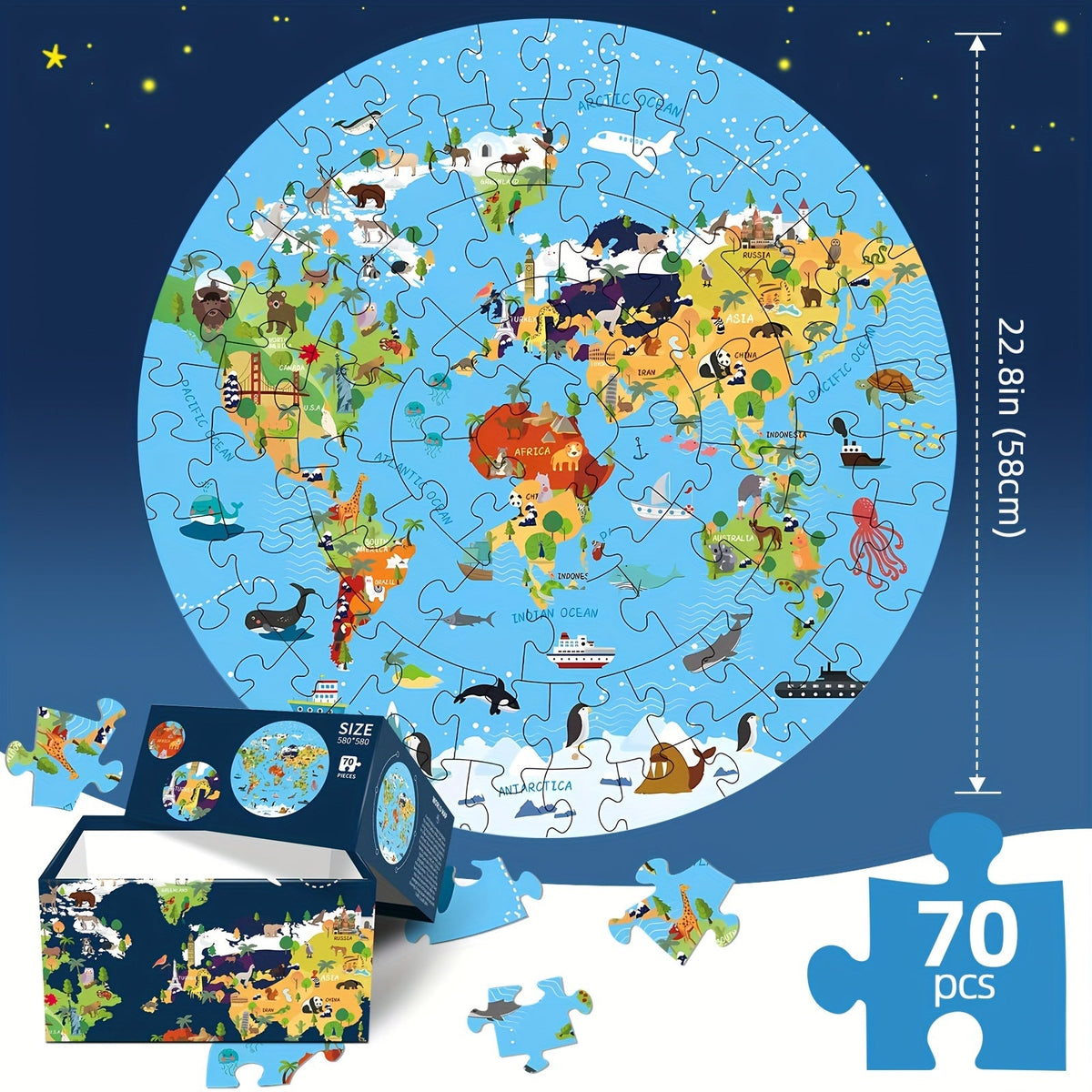Rompecabezas de suelo de 70 piezas con animales – Diseño de mapa del mundo redondo para niños