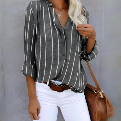 Ladies Casual Striped Blouse with V-Neck and Chest Pocket