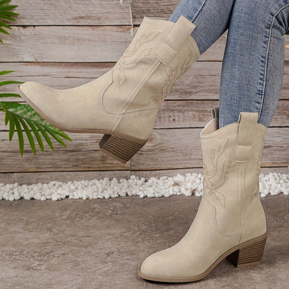Ladies Beige Western Cowboy Boots Calf High with Block Heel and Side Zip