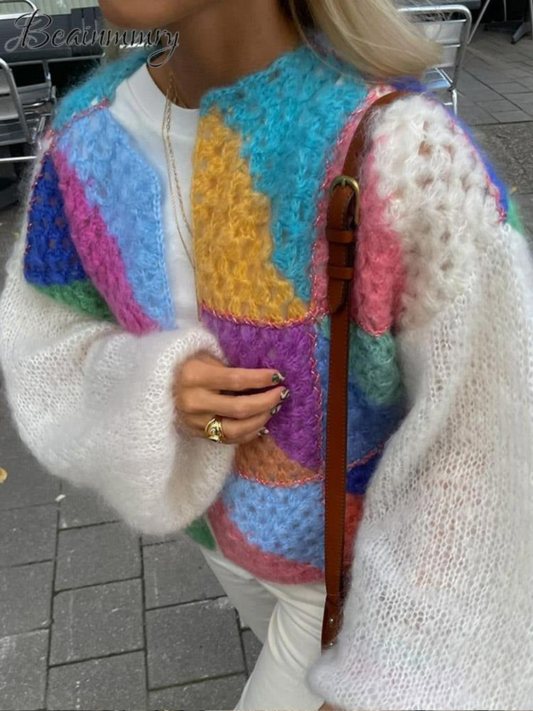 Colourful knitted short cardigan with puff sleeves for women - Aleta