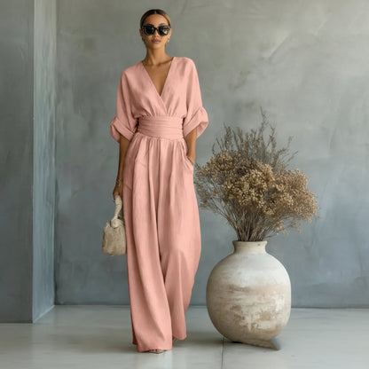 Summer Short-sleeved Jumpsuit V-neck