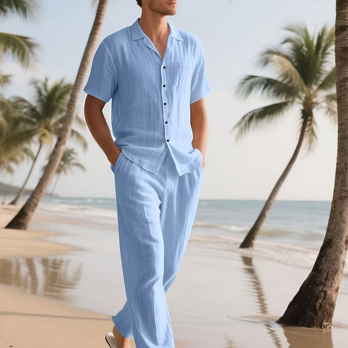Completo casual da uomo in lino – Comodo e leggero, con pantaloni lunghi e maniche corte