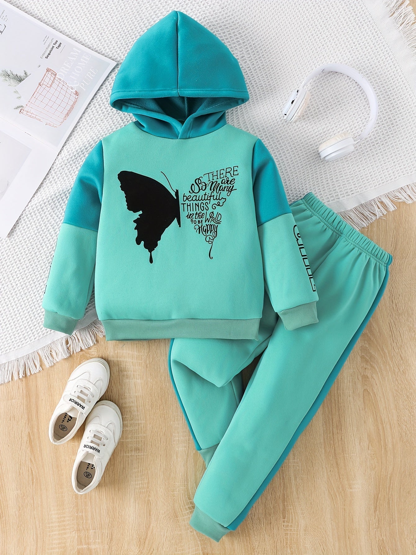 2-piece girls fleece hoodie sweater with butterfly print pants - Angel