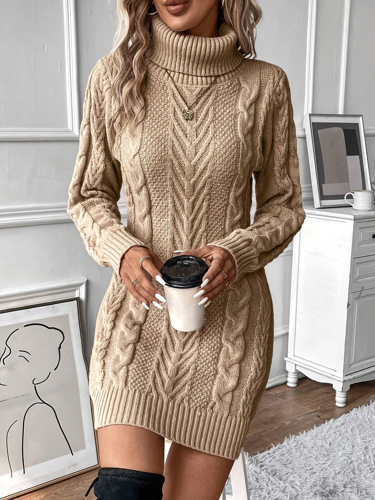Chic Col Mini Sweater Dress for Women with Cable Pattern
