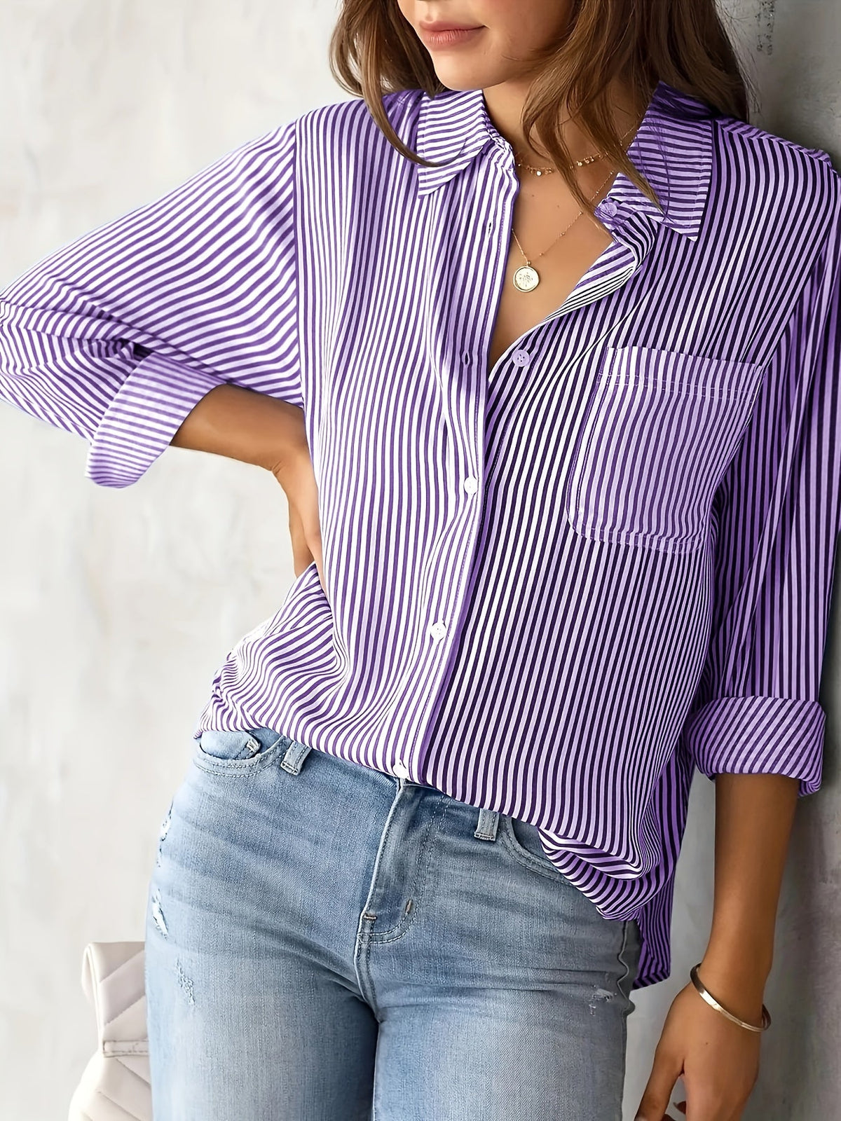 Chic Ladies Striped Blouse with Collar and Button Closure