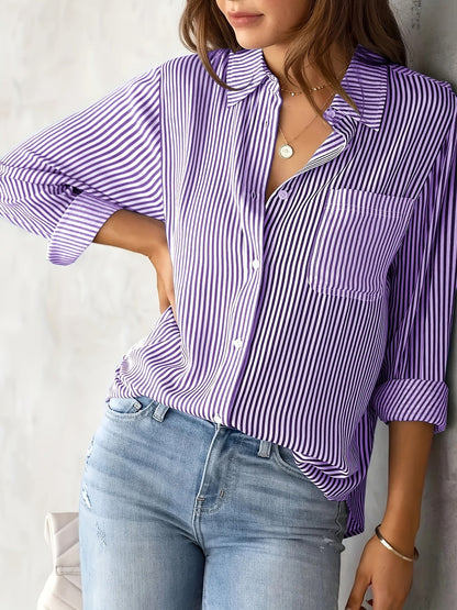 Chic Ladies Striped Blouse with Collar and Button Closure