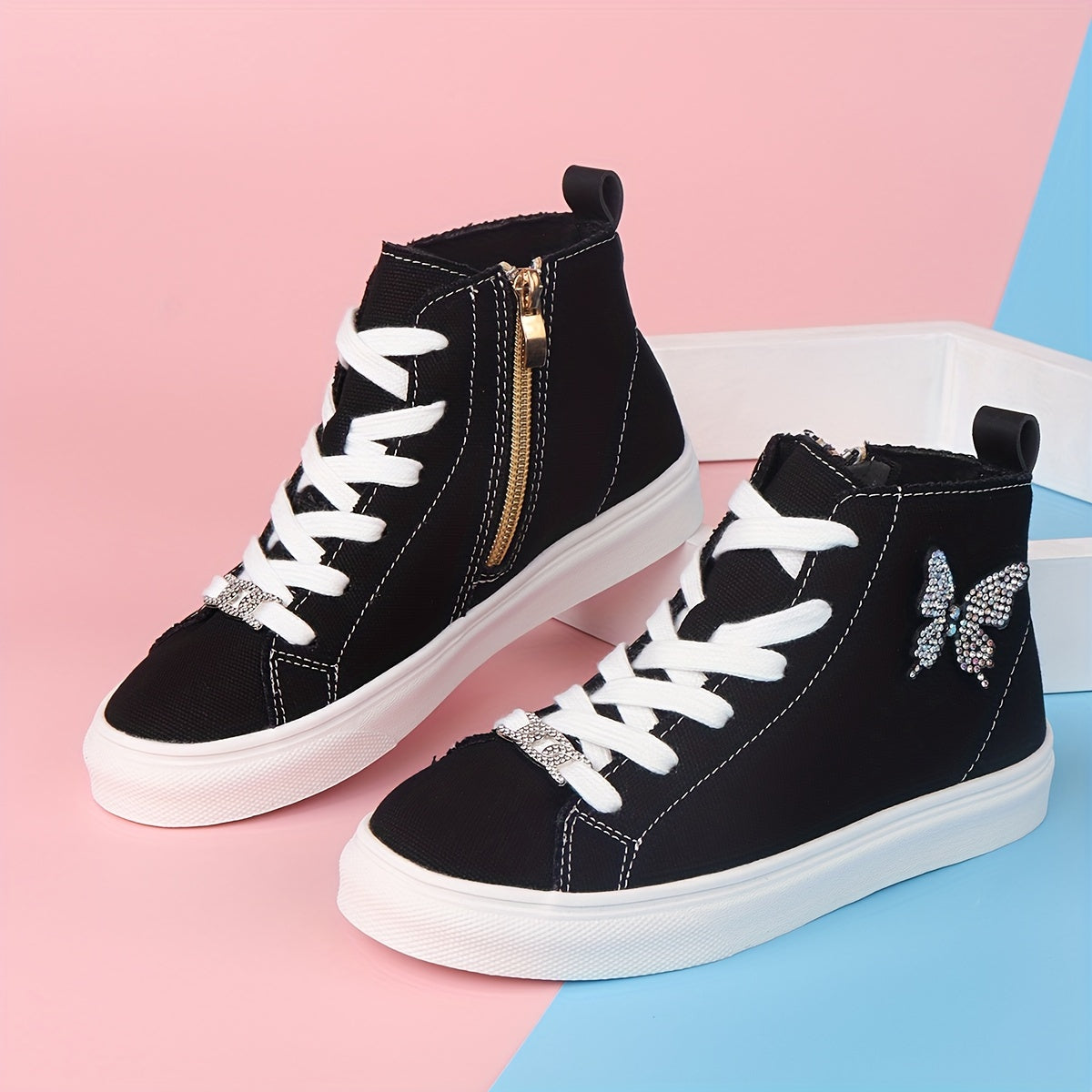 High canvas sneakers for girls with butterfly bow & silver buckle - Liane