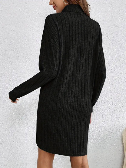 Trendy Ribbed Mini Sweater Dress for Women with Roll Neck and Long Sleeves