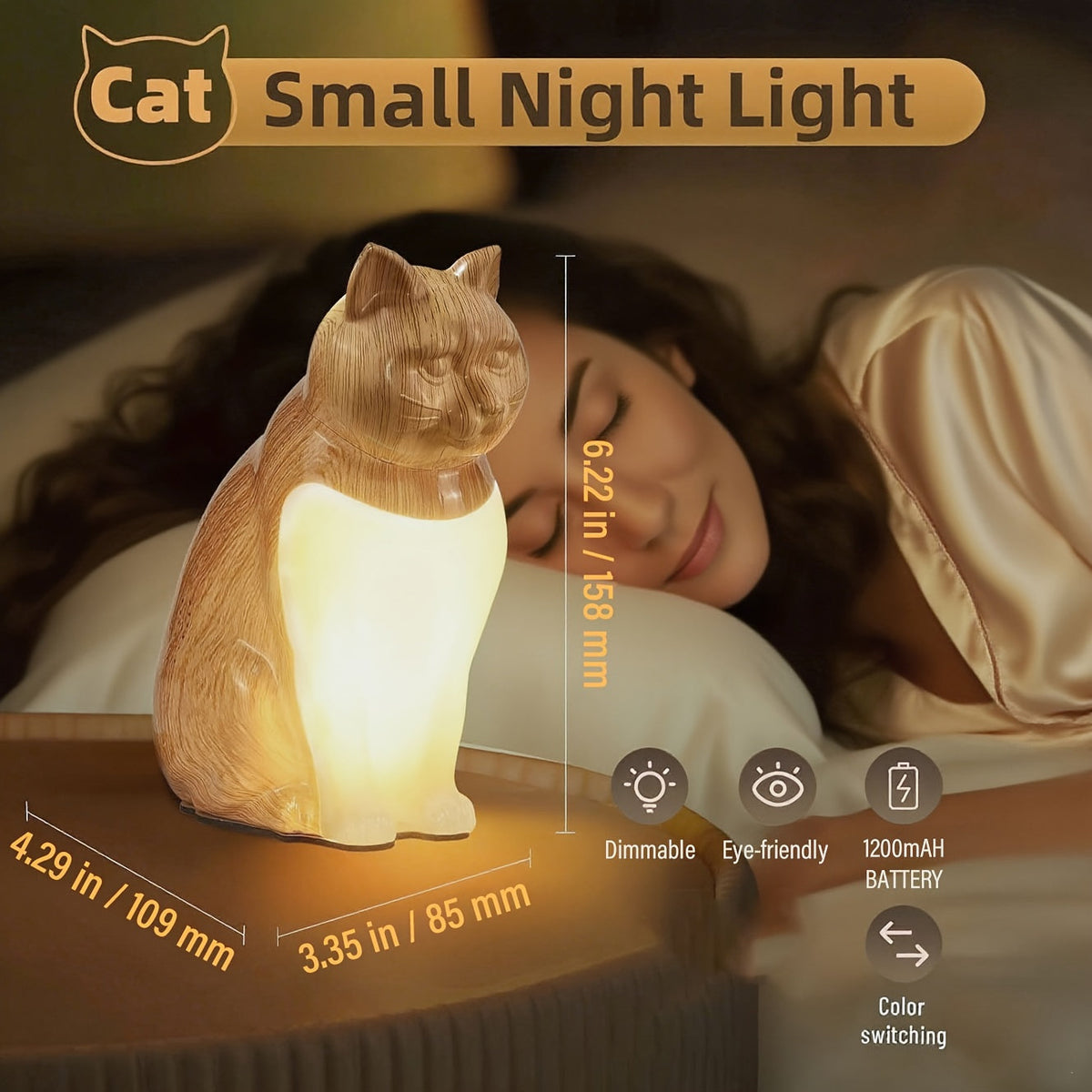 Luz nocturna decorativa para gatos con control táctil e intensidad regulable