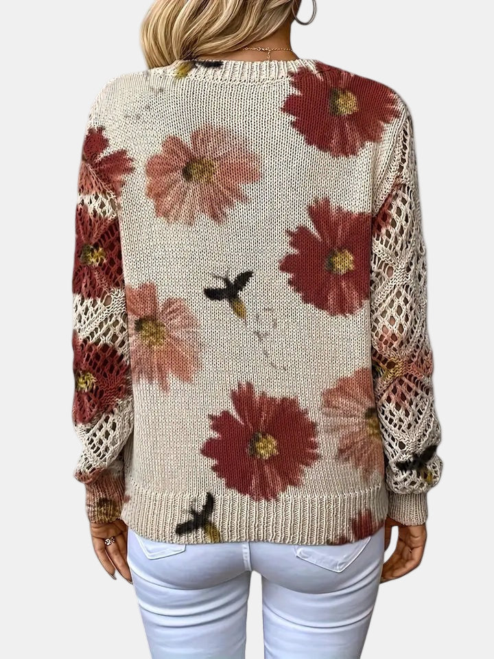 Ladies' Knitted Jumper with Floral Print and V-Neck