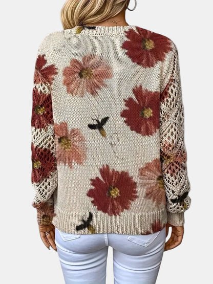 Ladies' Knitted Jumper with Floral Print and V-Neck
