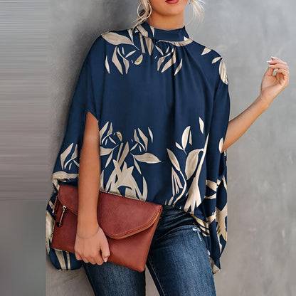 Elegant Blouse with Print and Batwing Sleeves High Neck for Women