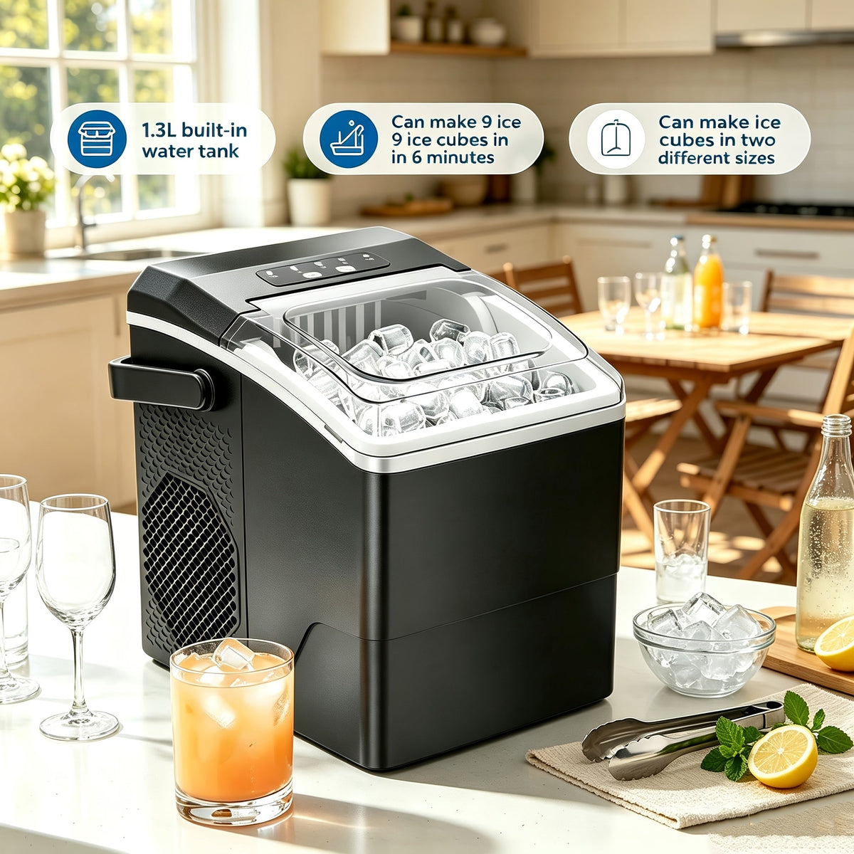 Compact Ice Cube Maker with Two Ice Cube Sizes and Fast Production