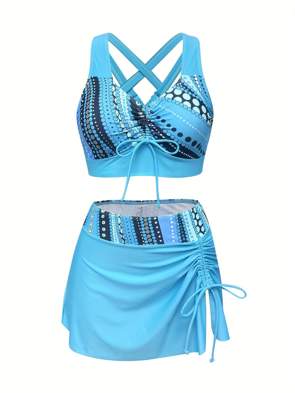 Set tankini de damă în trei piese, cu imprimeu cu buline și fustă