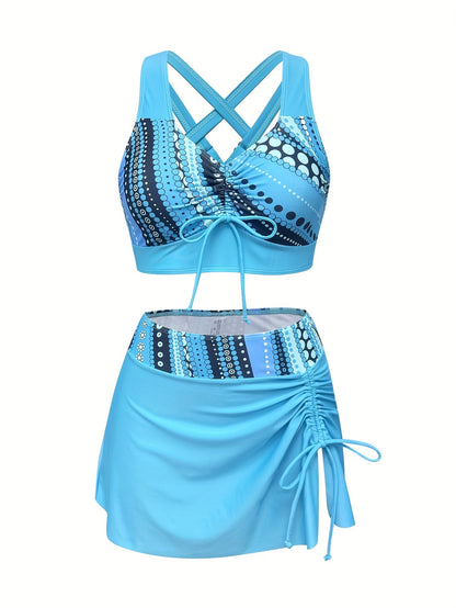 Set tankini de damă în trei piese, cu imprimeu cu buline și fustă