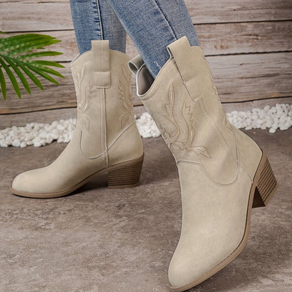 Ladies Beige Western Cowboy Boots Calf High with Block Heel and Side Zip