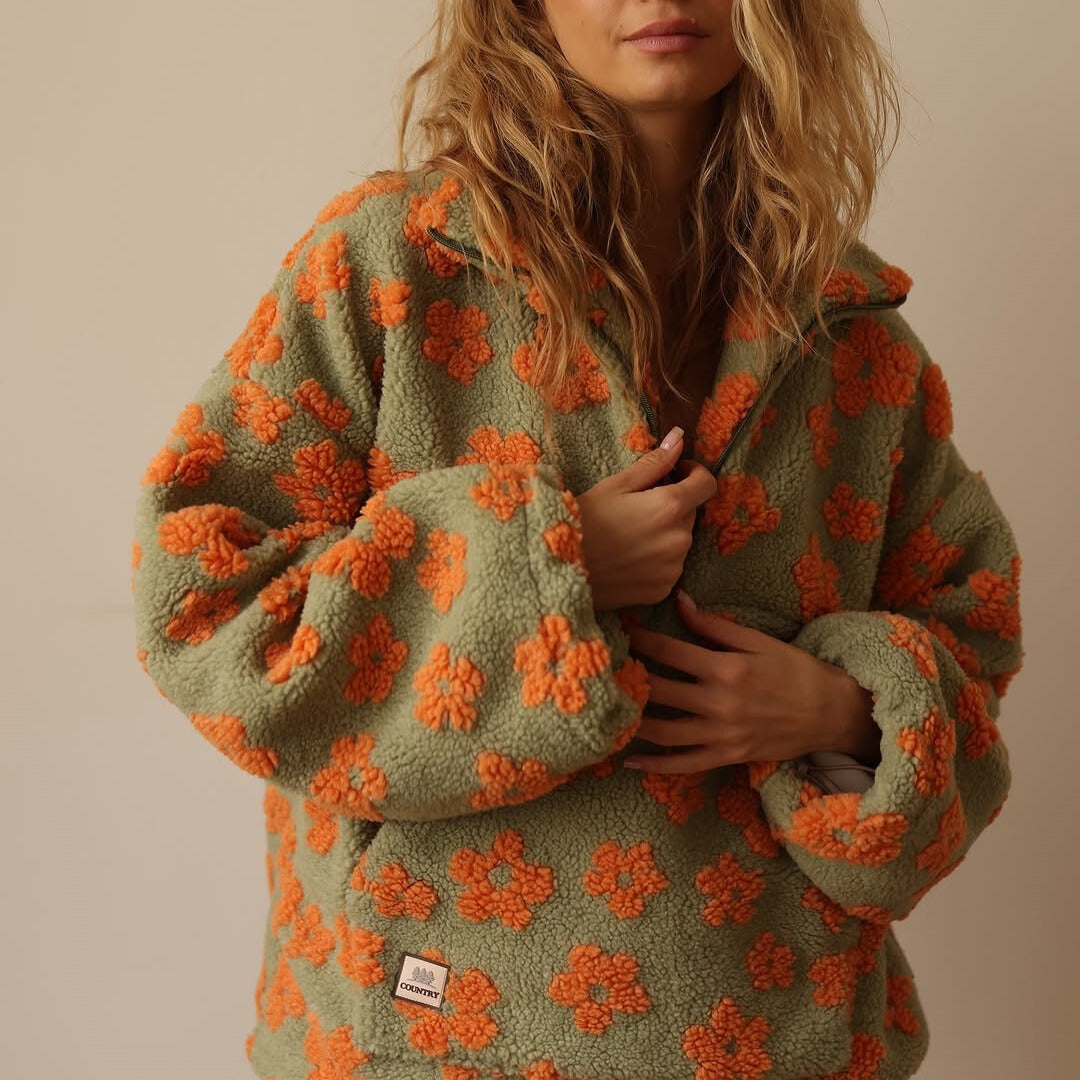 Ladies' Teddy Jumper with Floral Print and Short Zip