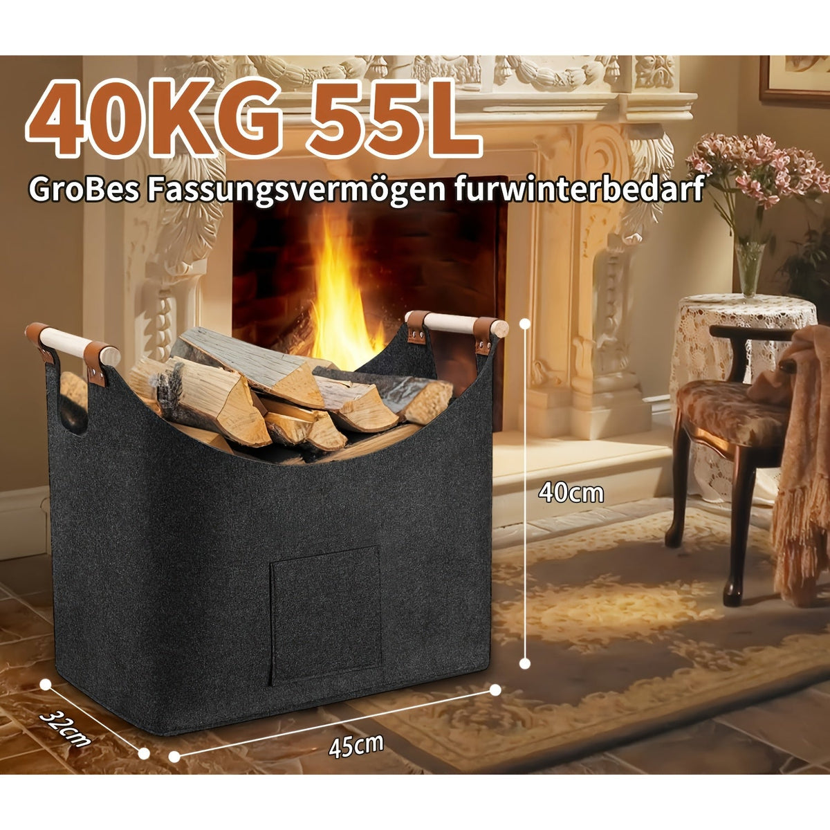 Foldable Felt Log Basket XL with Wooden Handles – Sustainable and Stylish Wood Carrier for Indoor Use