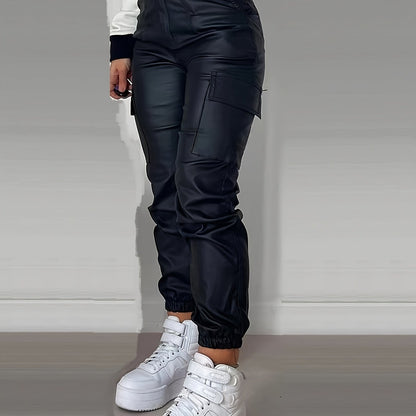 Trendy High-Waisted Cargo Trousers for Women with Leather Look and Elasticated Waist