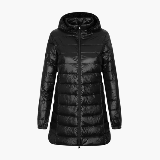 Chaqueta de invierno para mujer con capucha y corte largo de plumón
