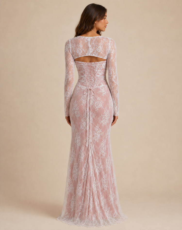 Maxi-avondjurk van kant voor dames met lange mouwen en elegant silhouet