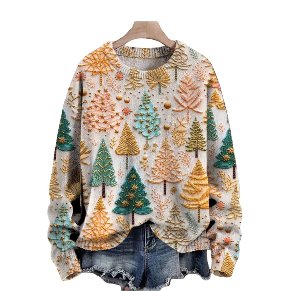 Ladies Knit Sweater with Tree Pattern and Round Neckline
