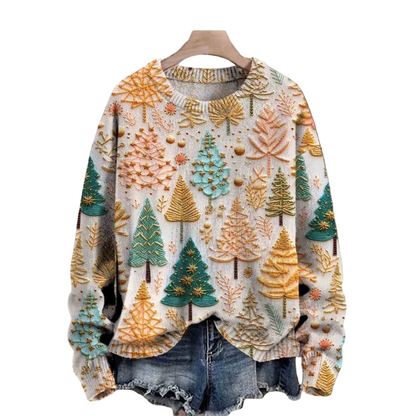 Ladies Knit Sweater with Tree Pattern and Round Neckline