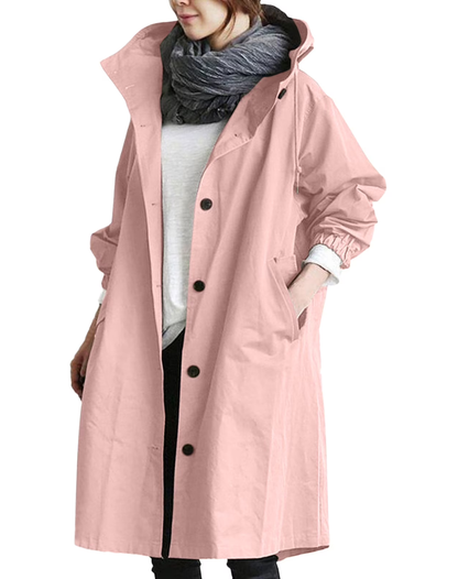 Waterproof Trench Coat for Women Long with Hood and Buttons