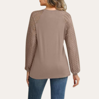 Ladies' Blouse with Lace Sleeves and Pleated Neckline