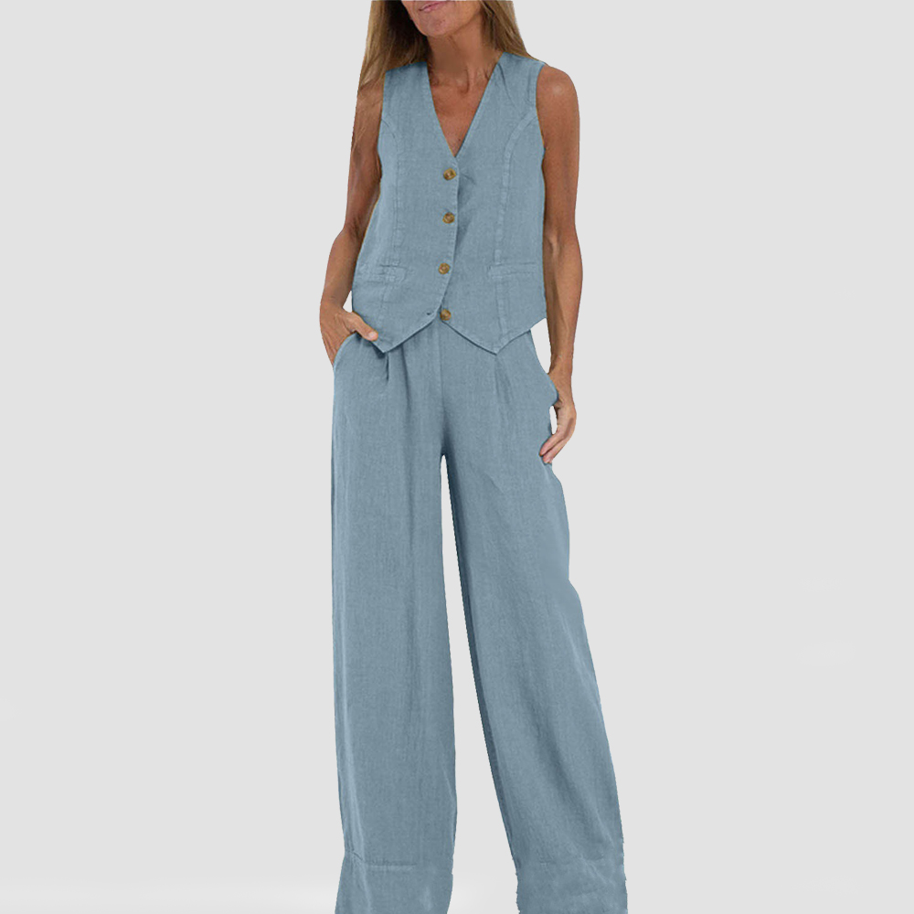 Summer Sleeveless V-Neck Waistcoat and Loose Straight Trousers