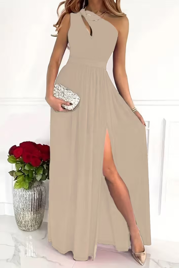 Ladies' Elegant Maxi Dress with One Shoulder Neckline and Split