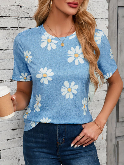 Daisy Flower Print Crewneck T-shirt – Casual and Breathable for Spring and Summer