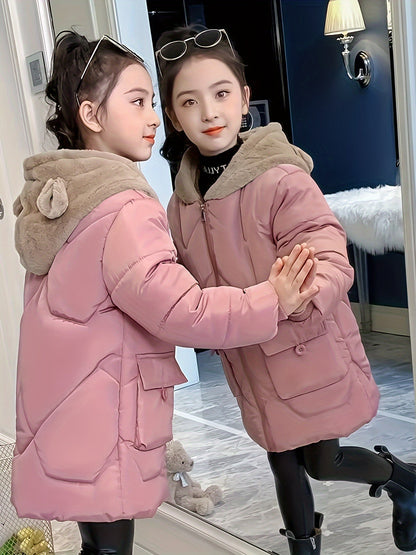 Girls' Winter Cute Polyester Parka with Hood and Zip Detail - Denice