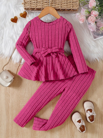 Girls' Kids 2-Piece Casual Round Neck Long Sleeve Top with Bow & Trousers - Ember