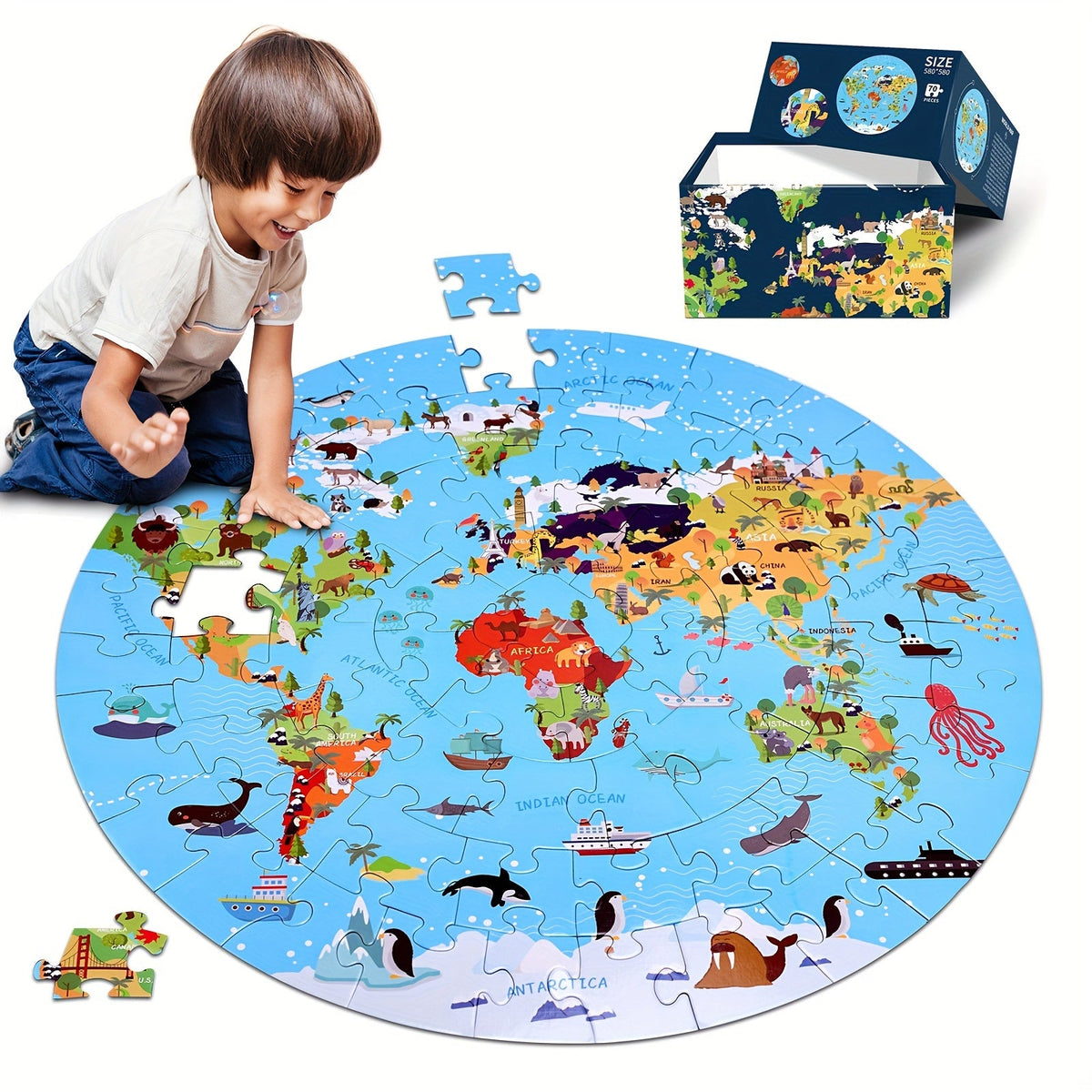 Rompecabezas de suelo de 70 piezas con animales – Diseño de mapa del mundo redondo para niños