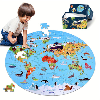 Rompecabezas de suelo de 70 piezas con animales – Diseño de mapa del mundo redondo para niños