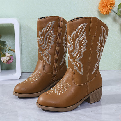 Girls' Vintage Embroidered Pattern Zip Lightweight Anti-Slip Boots - Nikka